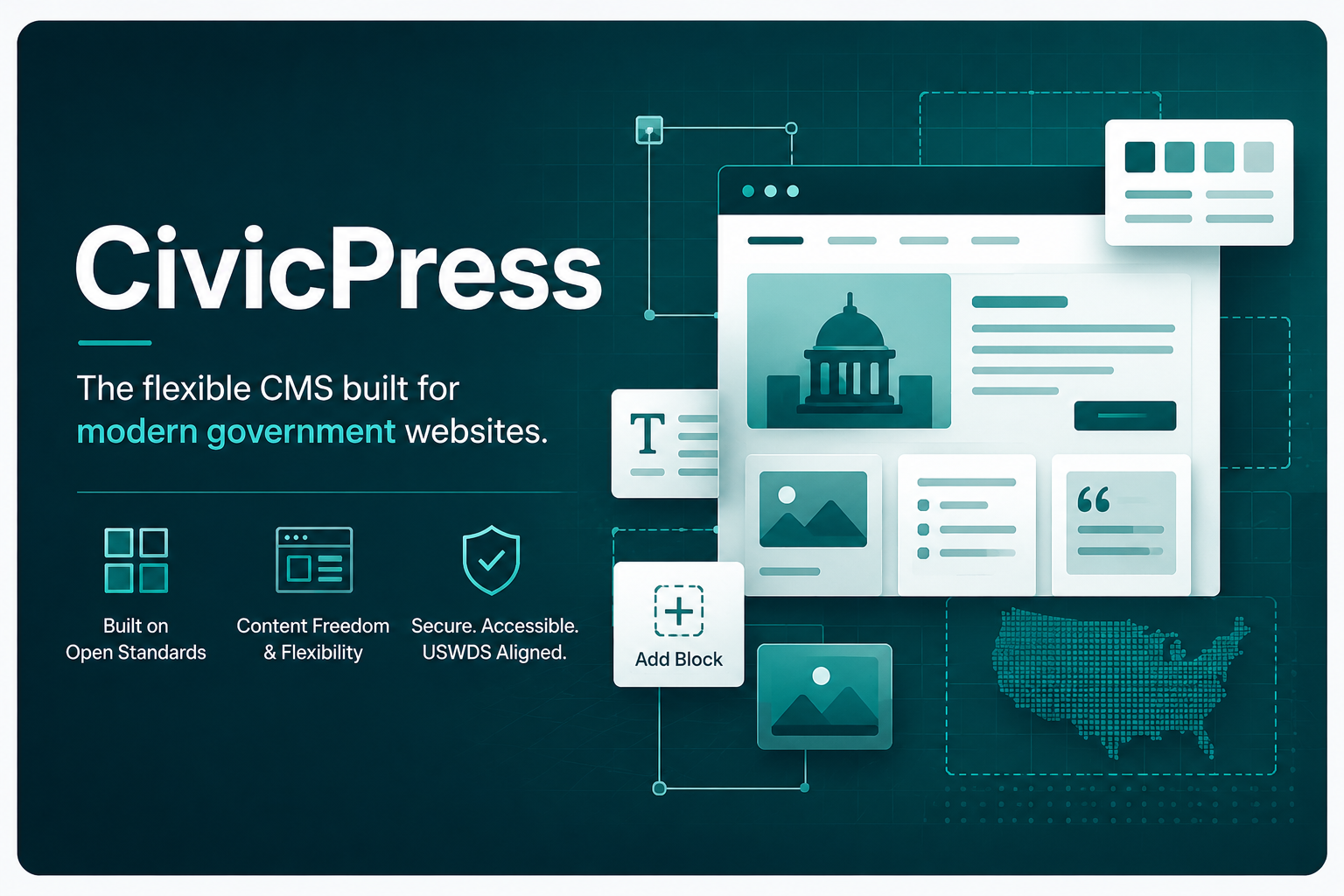 Abstract CivicPress graphic showing a modern public-sector publishing interface and reusable content layout - Kari Mirchandani